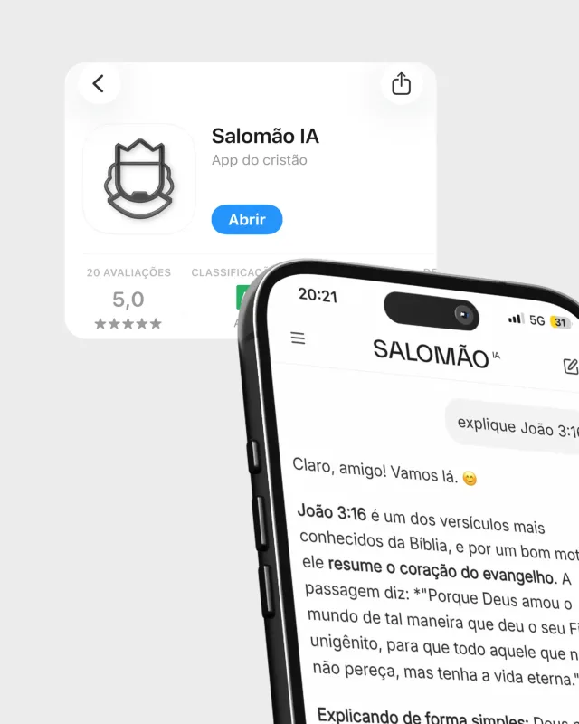 Card do Salomão IA na loja de aplicativos, com nota 5,0, ao lado do celular mostrando o chat respondendo sobre João 3:16