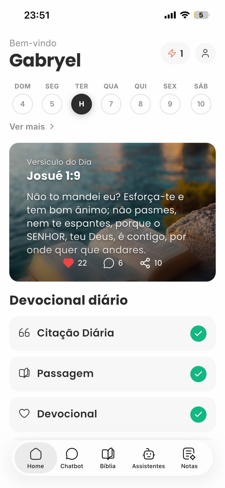 Tela inicial do Salomão IA com versículo e checklist do devocional diário